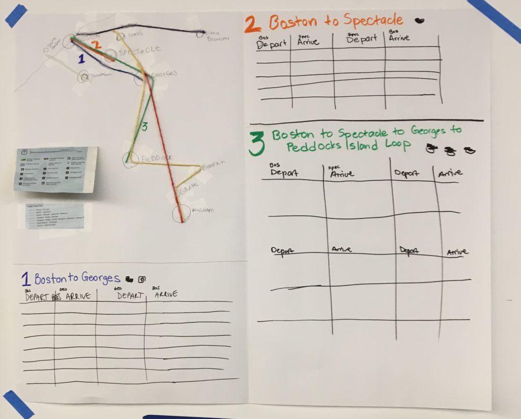 Map in upper left has different colored lines for each route and framework for schedules the page with color-coded headings