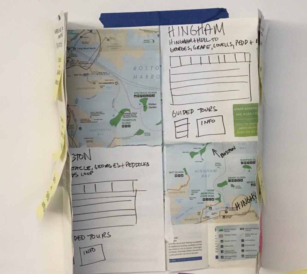 Paper unfolds to reveal map of Boston and of Hingham with blocks for schedule information from each departure point.