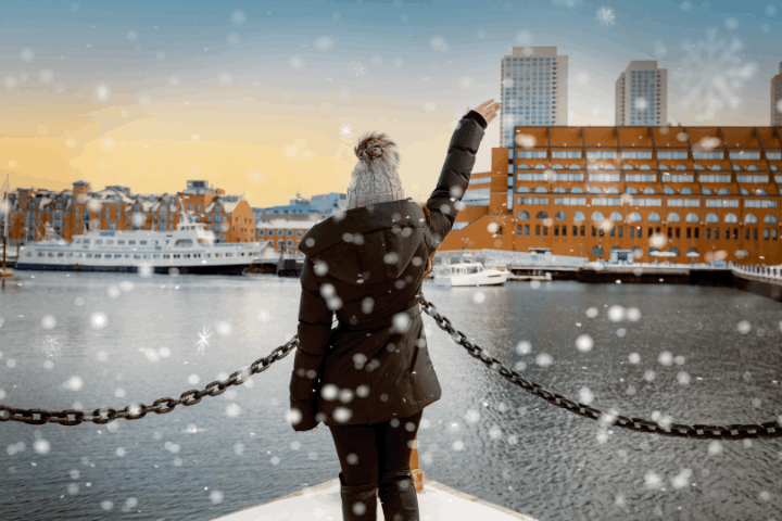 Snowy view of Boston Harbor and Long Wharf with back of person waving.