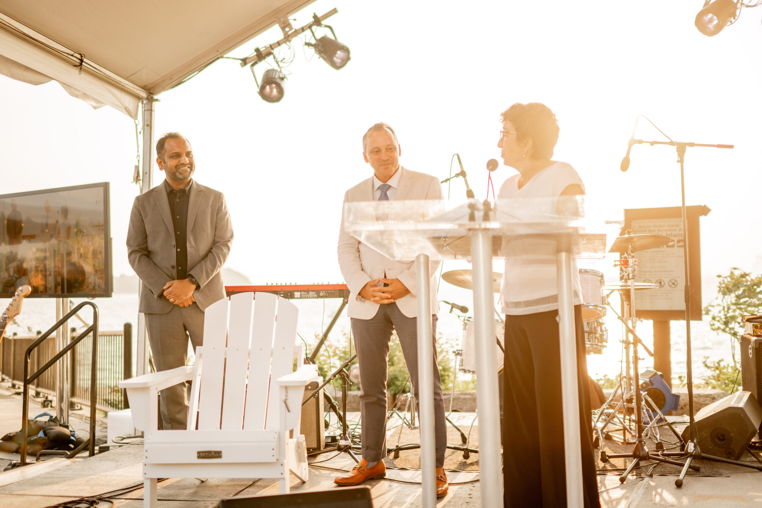 From left: Boston Harbor Now Board of Trustees Chair Kishore Varanasi, Chair of the House Ways and Means Committee Rep. Aaron Michlewitz, and Boston Harbor Now President & CEO Kathy Abbott. (Photo credit: Arlan Fonseca)