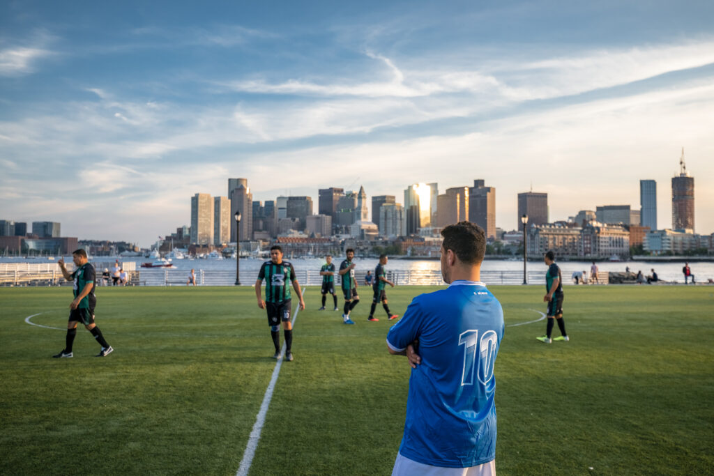 People play soccer in East Boston's LoPresti Park.
