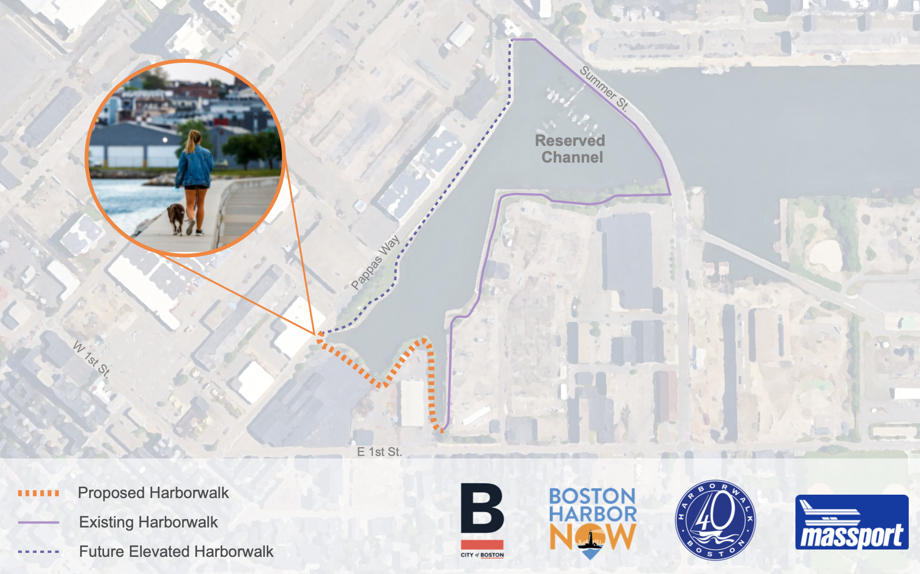 Arial view to the project site map, highlighting where Harborwalk currently exists compared to where the project aims to connect those segments